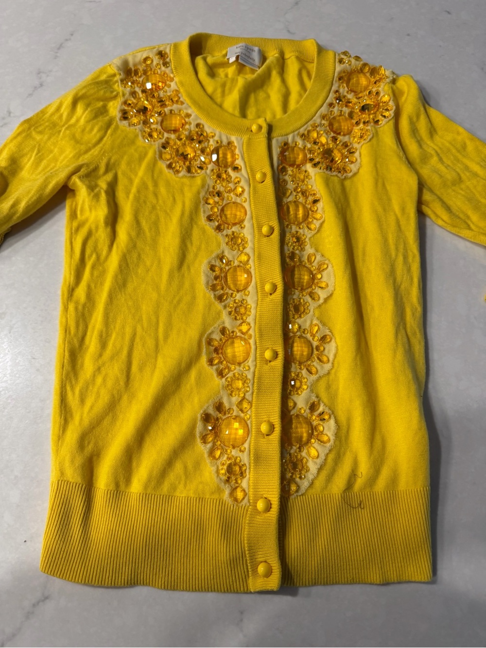 Yellow Embellished 3/4 Sleeve Crewneck Cardigan Sweater Kate Spade XS - Picture 2 of 5